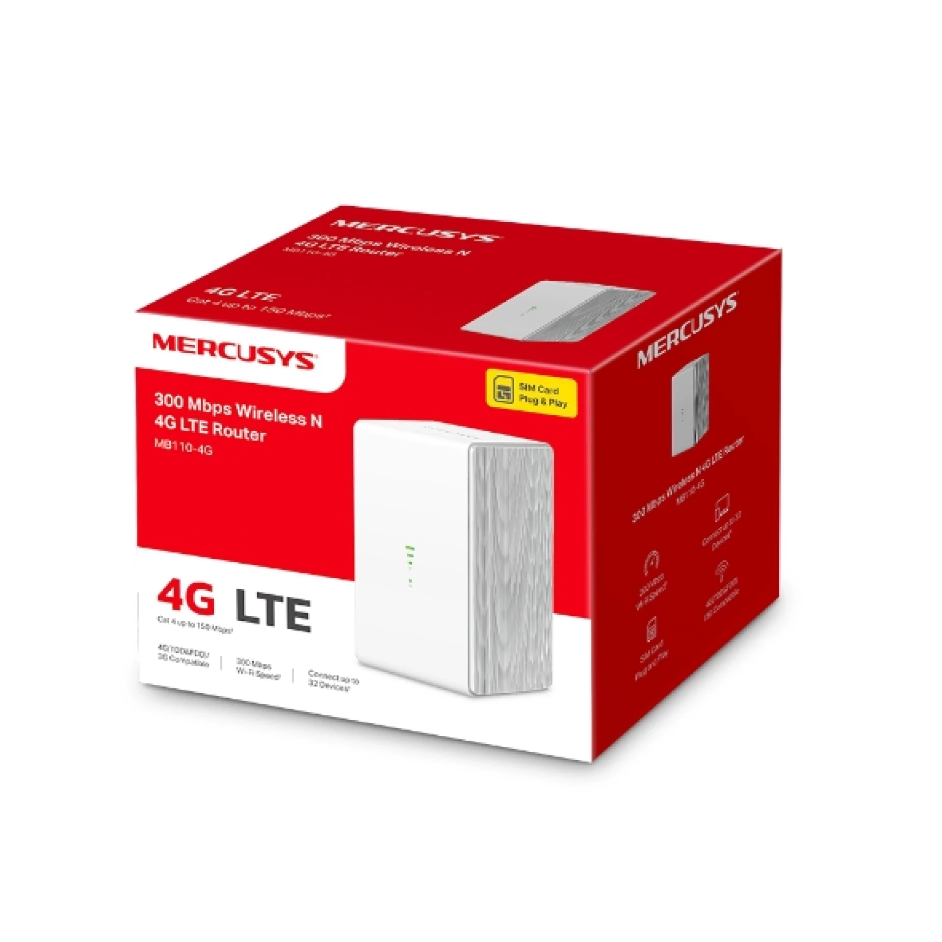 Mercusys MB110-4G N300 Wi-Fi 4G LTE Router, Build-In 150Mbps 4G LTE Modem,300 Mbps at 2.4 GHz, 4G Cat4 150/50 Mbps, Internal Antennas,  Extra 3G/4G Antenna Ports, 1× 10/100 Mbps LAN Port, 1× 10/100 Mbps WAN/LAN Port, LTE-FDD/LTE-TDD/HSPA+/UMTS