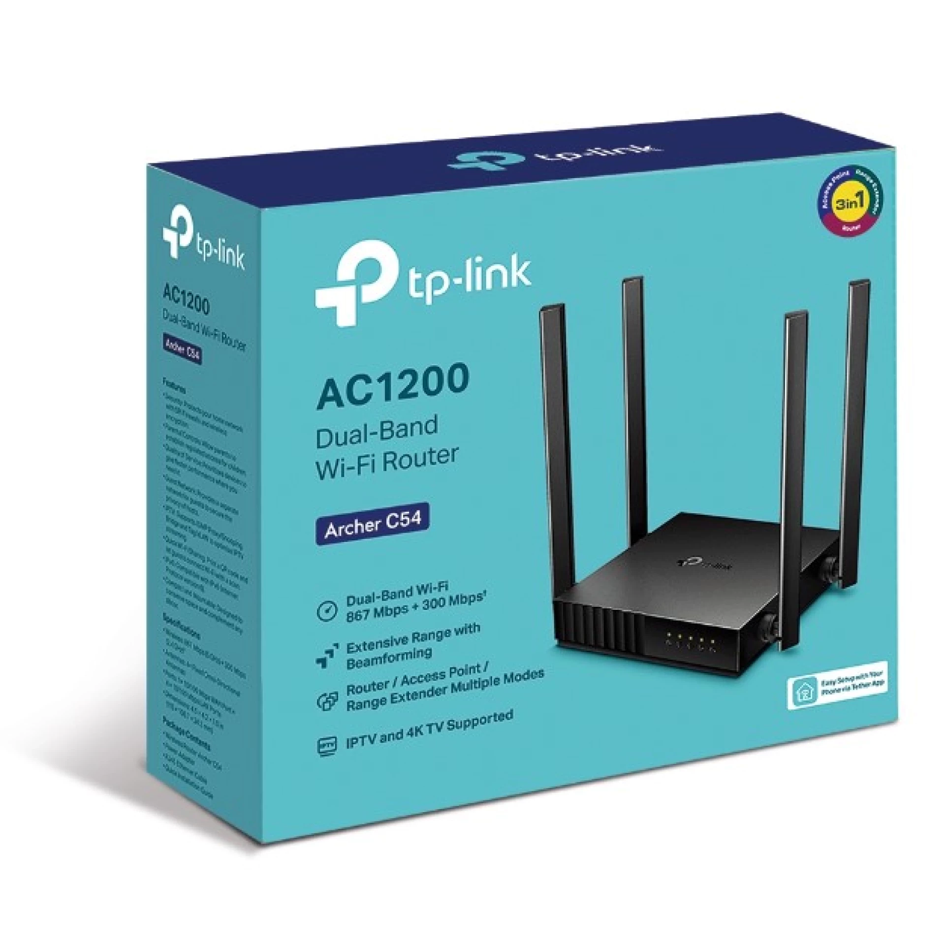 AC1200 Dual-band Wi-Fi router, up to 867 Mbps at 5 GHz + up to 300 Mbps at 2.4 GHz, support for 802.11ac/n/a/b/g/standards, Wi-Fi On ,4xFixed antennas