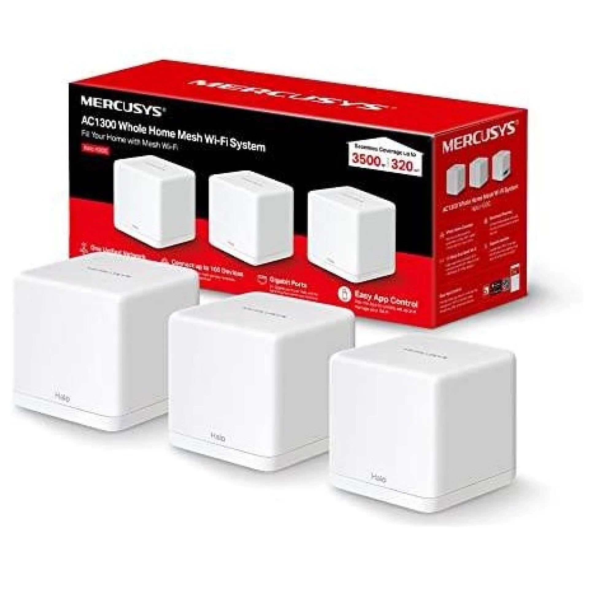 Mercusys Halo H30G(3-pack) AC1300 Whole Home Mesh Wi-Fi System, 400 Mbps at 2.4 GHz + 867 Mbps at 5 GHz, 2× Internal Antennas, 2× Gigabit Ports per Unit (WAN/LAN auto-sensing), MERCUSYS APP, Router/AP Mode, One Unified Network, up to 100 devices