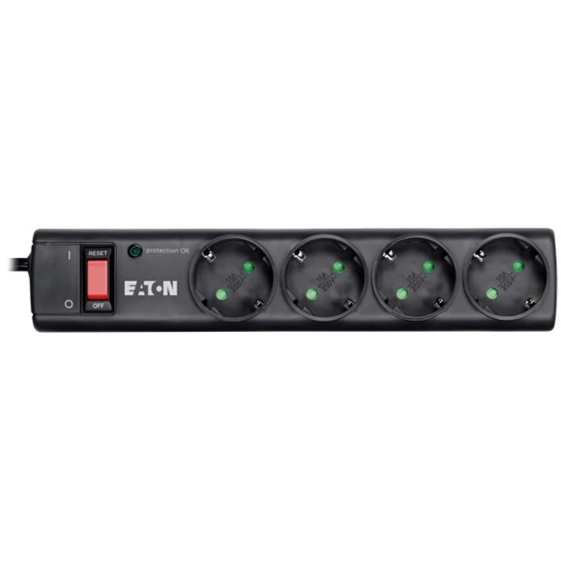 Eaton Protection Strip 4 DIN, 10A, Input: Schuko, Outputs: (4) Schuko; Power Cord Lenght 1m; Over voltage protection; On/Off switch; LED indication; 2yr warranty