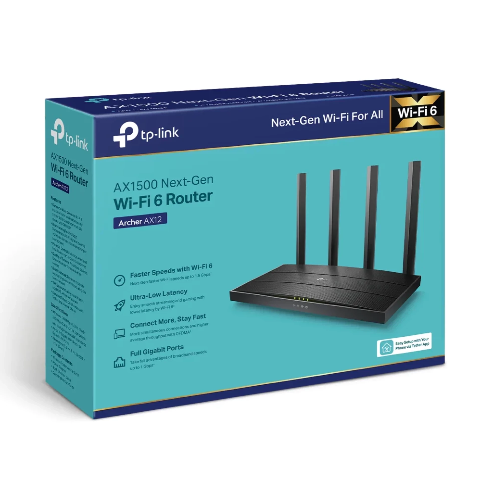 TP-Link Archer AX12 AX1500 Dual-Band Wi-Fi 6 Router, 300 Mbps at 2.4 GHz + 1201Mbps at 5 GHz, 4× Antennas, 1GHz Dual Core CPU, 1× G WAN Port + 3× G LAN Ports, 1024-QAM, OFDMA,Tether App,WPA3,AP Mode,IPv6 Support,IPTV, Beamforming,VPN server