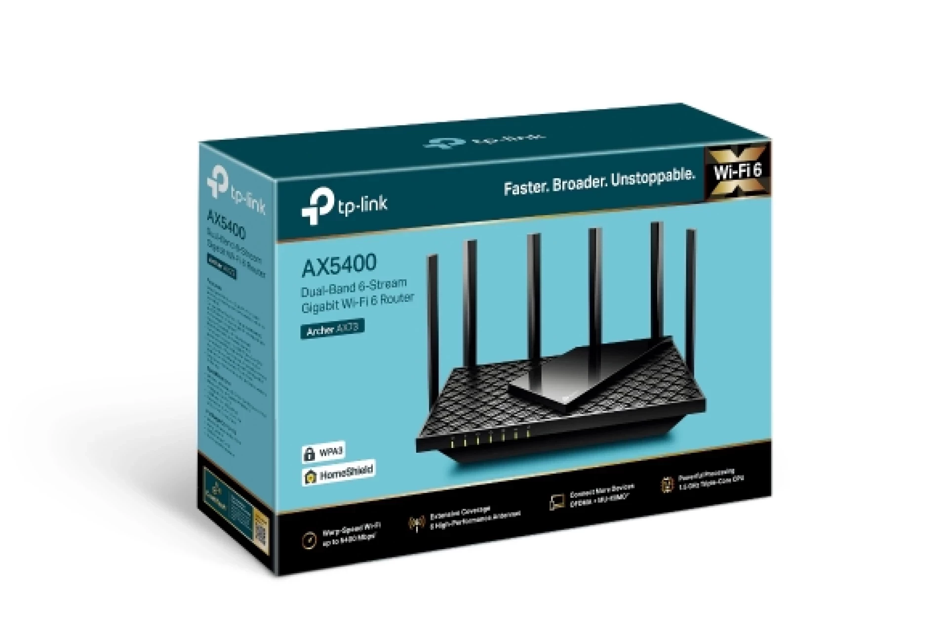 TP-Link Archer AX73 AX5400 Dual-Band Gigabit Wi-Fi 6 Router, 574 Mbps 2.4 GHz + 4804 Mbps 5 GHz, 4x4 MU-MIMO, 6× Antennas, Broadcom 1.5 GHz Triple-Core CPU, 1× G WAN Port + 4× G LAN Ports,USB 3.0 Port, 1024-QAM, OFDMA, HT160, HomeShield, 200+devic