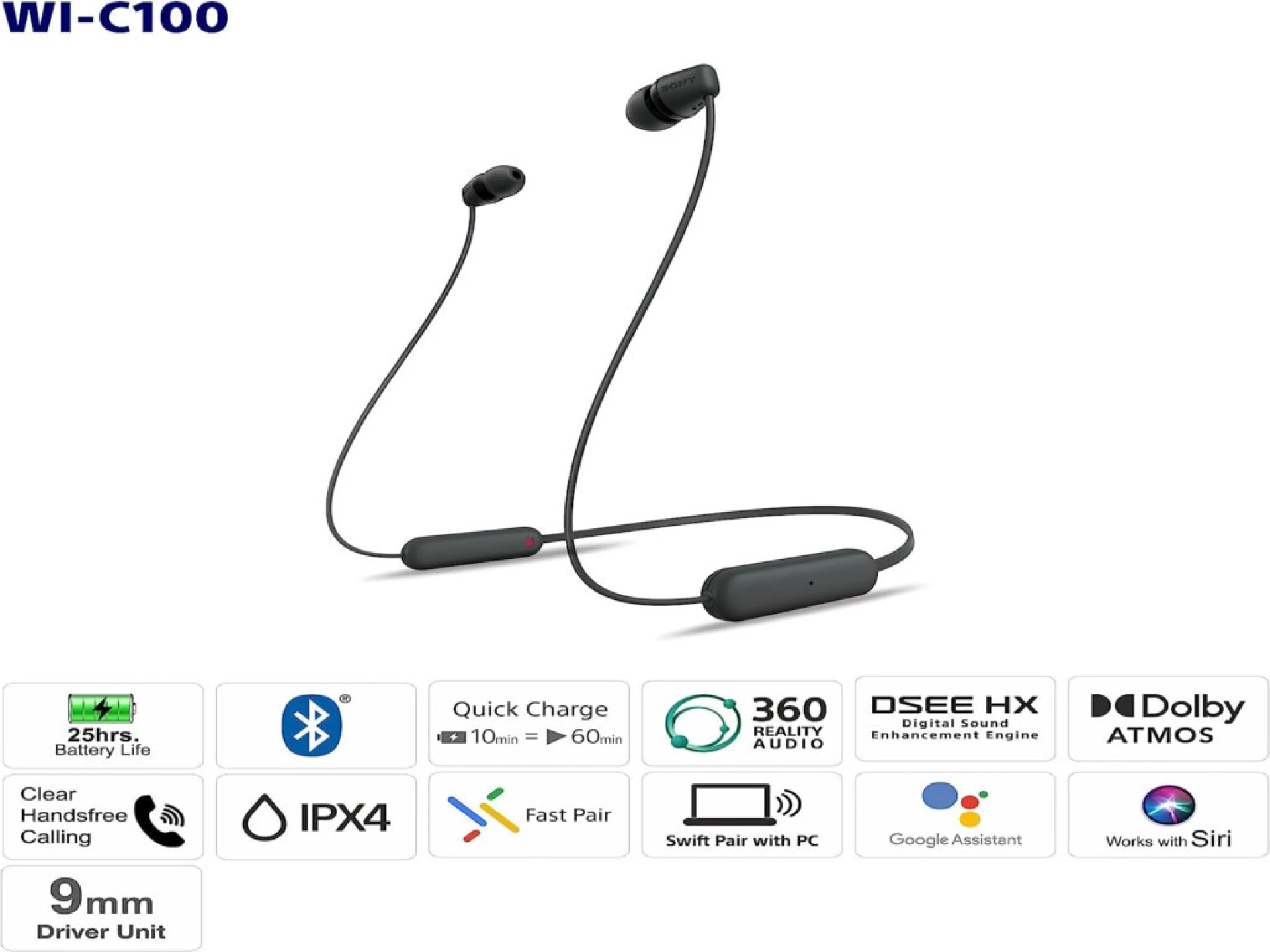 Sony slusalice WIC100, crnein-Ear; Bluetooth; sa mikrofon